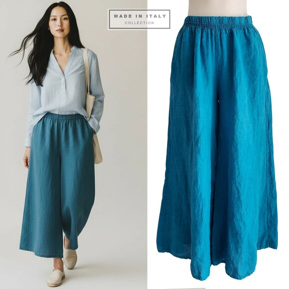 M Made In Italy Pants - Made In Italy 100% Linen Super Wide Leg Ankle Palazzo Pants Turquoise Blue Sz M
